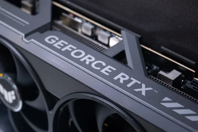 A closeup of the GeForce RTX logo on the TUF Gaming GeForce RTX 5090