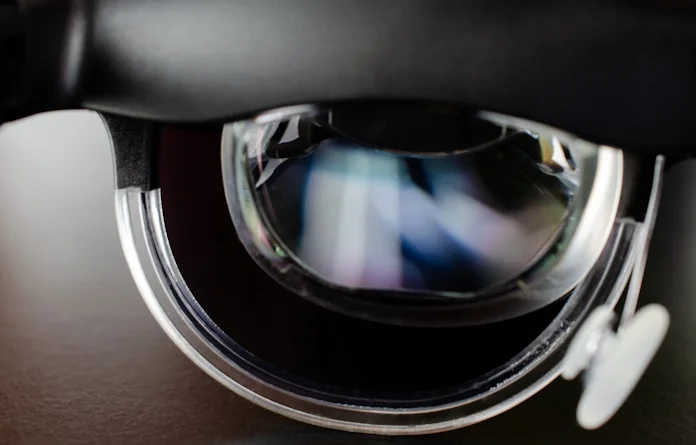 A closeup view of the lenses putting digital content in front of a user's eye