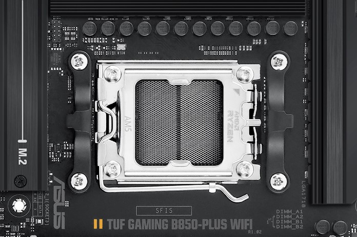 A closeup view of the CPU socket and VRM circuitry