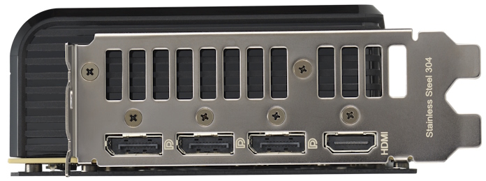 The I/O selection of the graphics card, including DisplayPort 2.1 and HDMI 2.1 connectors