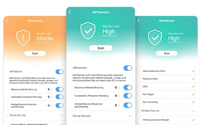 Three screenshots of the easy security scan features in the ASUS Router App