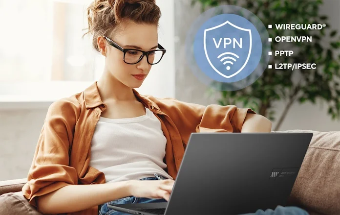 A banner for VPN services offered through ASUS WiFi 7 routers, including WireGuard, OpenVPN, PPTP, L2TP/IPSEC