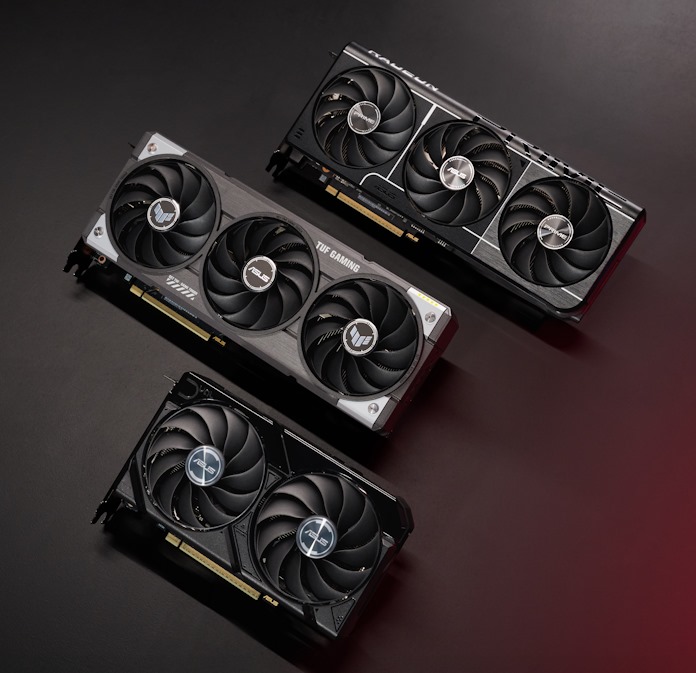 ASUS Radeon RX 9060 XT graphics cards laid flat on a table