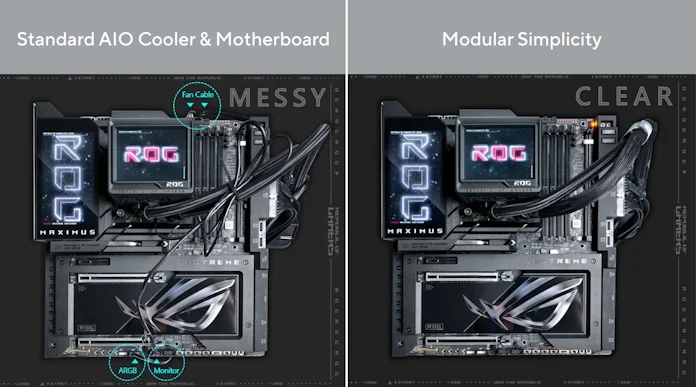 A comparison of what the latest ROG modular design concepts would like using an in-development ROG Maximus motherboard