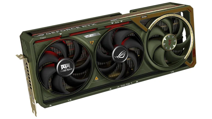 A front angle view of the ROG Astral GeForce RTX 5080 OC DOOM Edition graphics card