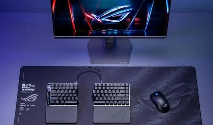 A gaming setup including the ROG Falcata, ROG Harpe II Ace, and ROG Strix Ace XG248QSG 