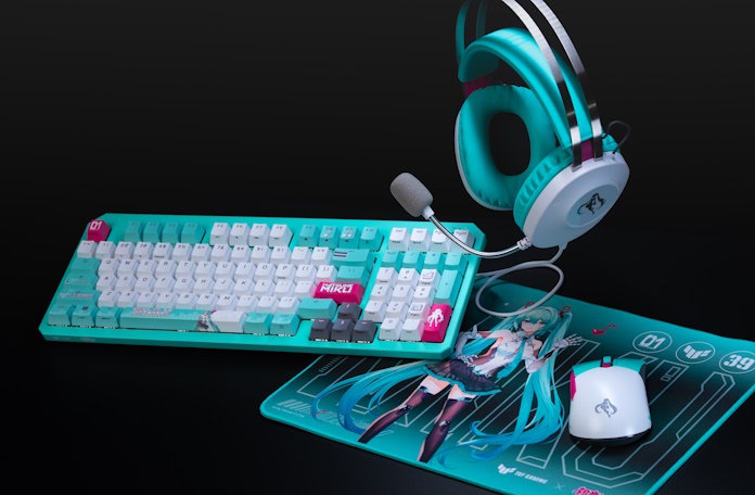 A view of the complete TUF Gaming x Hatsune Miku collection of gaming peripherals