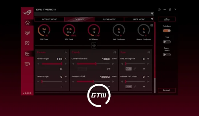 A screenshot of the GPU Tweak III interface