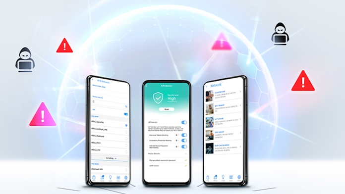 Three ASUS phones showing different functions of ASUS AiProtection on each screen