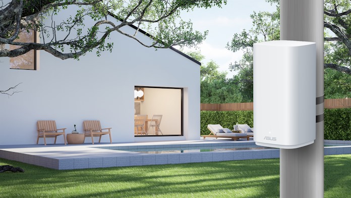 The ZenWiFi BD5 Outdoor mesh router in a backyard space