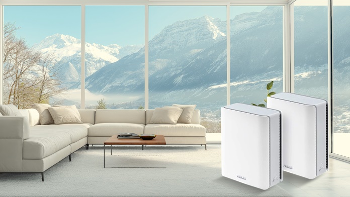 Two ASUS ZenWiFi units superimposed over a picture of a luxurious mountain villa 