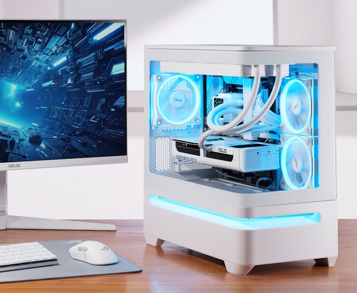 A whiote-themed PC build featuring the ASUS Prime AP202 chassis