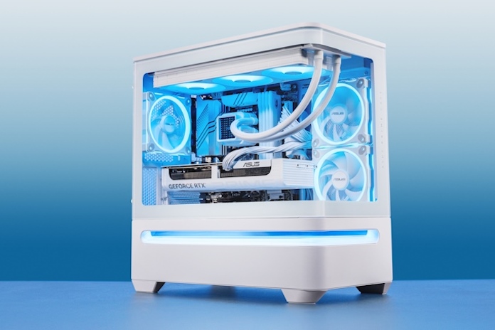 A completed PC build in the ASUS Prime AP202 chassis