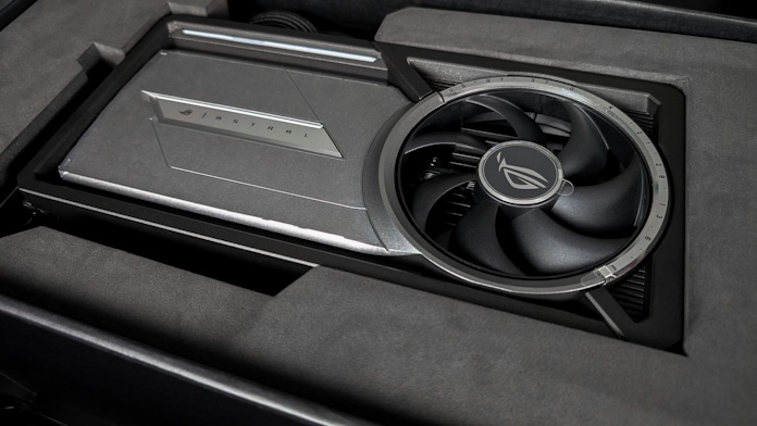 An ROG Astral LC GeForce RTX 5090 graphics card, still in the box