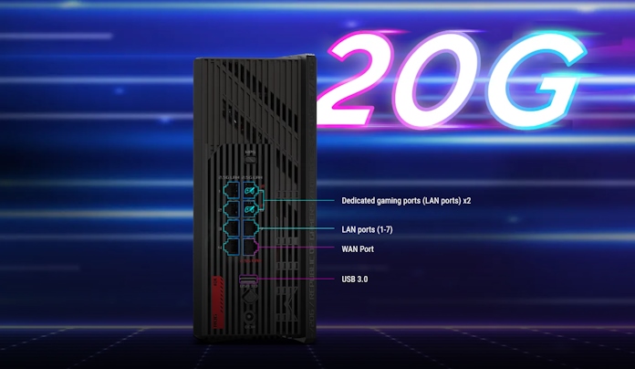 An image showing the wired I/O options for the ROG Strix GS-BE18000 gaming router, including eight Ethernet ports