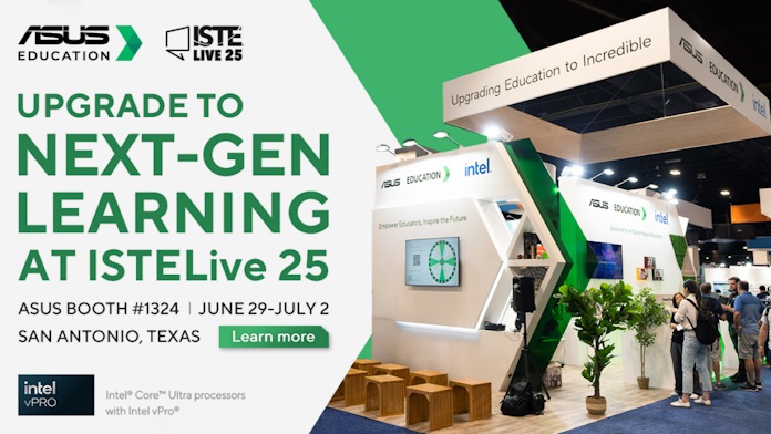 A banner for the ASUS Education booth at ISTE 2025, inviting visitors to upgrade to next-gen learning at ISTELive 25