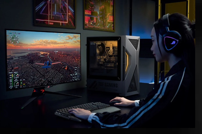 A complete gaming setup including the TUF Gaming T500 prebuilt gaming desktop PC