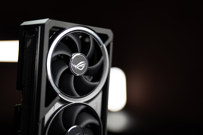 A fan in the cooling shroud of an ROG Astral graphics card
