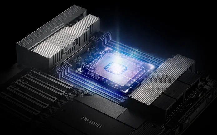 A view of a CPU in the sTR5 socket on this workstation motherboard