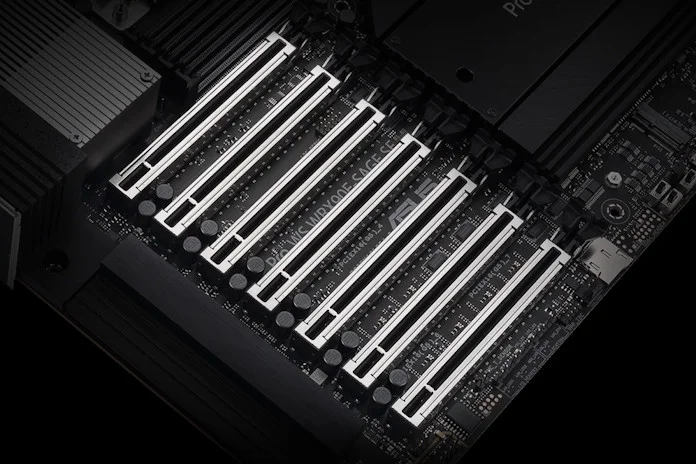 A row of PCIe x16 slots