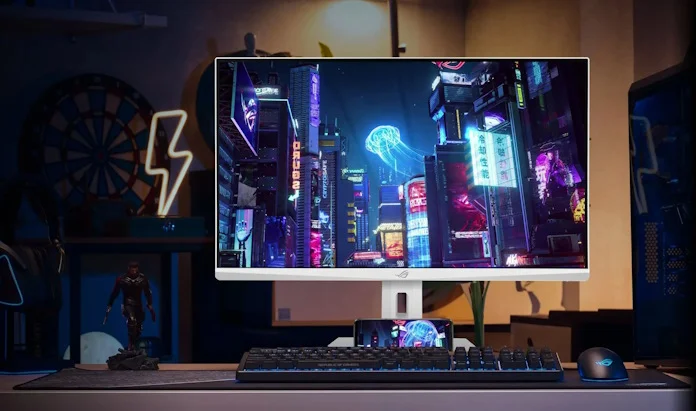 The ROG Strix PG259QNG-W gaming monitor on a desk