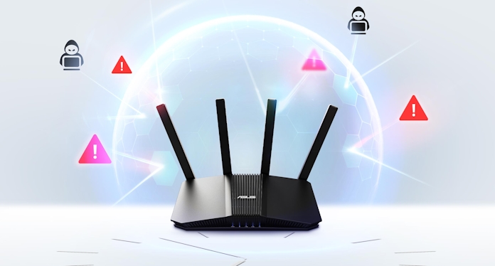 The wireless router surrounded by icons that communicate internet threats 