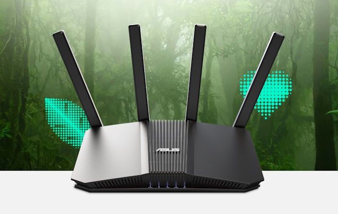 The ASUS RT-BE82U router against a green background 