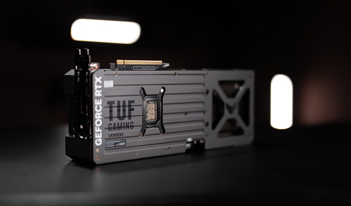 The aluminum backplate of the TUF Gaming GeForce RTX 5080 graphics card