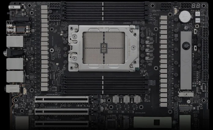 A view of the VRMs on the ASUS Pro WS WRX90E-SAGE SE workstation motherboard