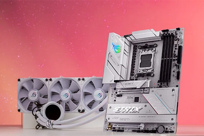 An ROG Strix gaming motherboard next to an ROG AIO CPU liquid cooler