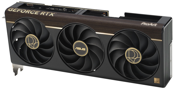 A front view of the ProArt GeForce RTX 5080 graphics card, showing the wood-patterned laminate trim along the front edge