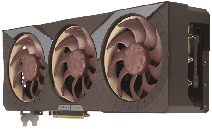 A front view of the graphics card showing its three fans and thick cooling solution