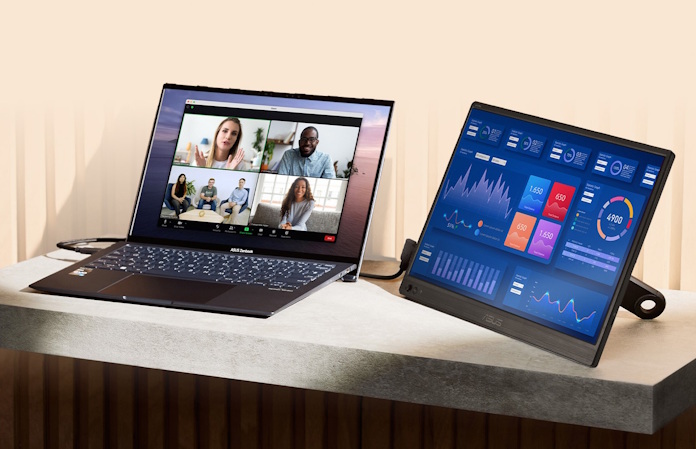 The ZenScreen MB169CK portable monitor on a desk connected to an ASUS laptop