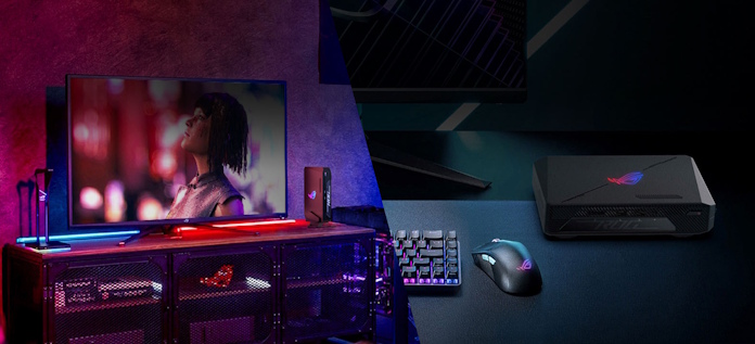 A splitscreen image showing two options for setting up the ROG NUC, one in a living room one on a desktop 