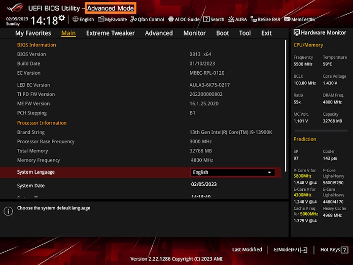 A screenshot of BIOS, showing where to toggle Advanced Mode