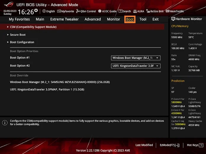 A screenshot of the UEFI showing where to enter the Boot menu