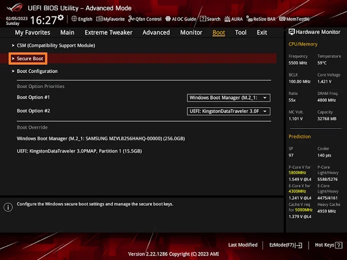 A screenshot of the UEFI showing where to select the Secure Boot menu