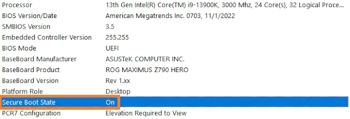 A screenshot of the System Information interface, with Secure Boot State highlighted