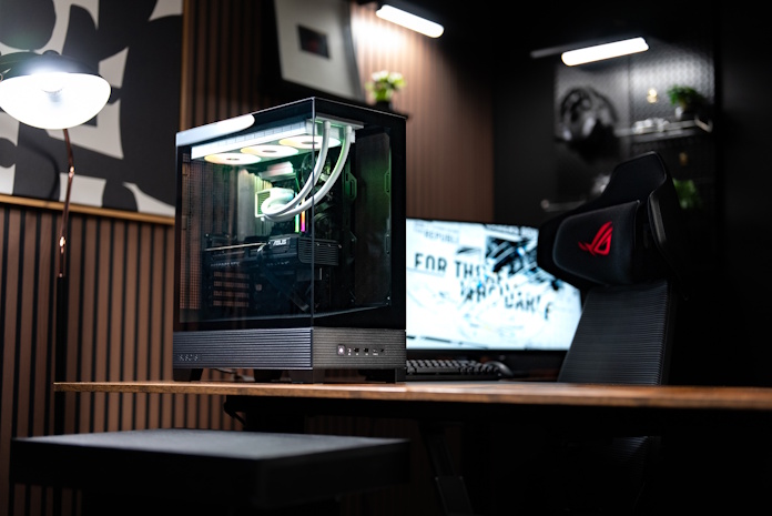 A completed ASUS PC build in a gaming den 