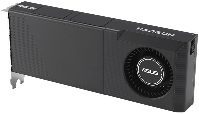 A front view of the ASUS Turbo Radeon AI PRO R9700 graphics card
