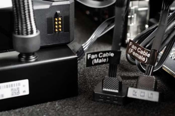 The two fan cable options for the ROG Ryujin III 360 Extreme ARGB AIO CPU liquid cooler