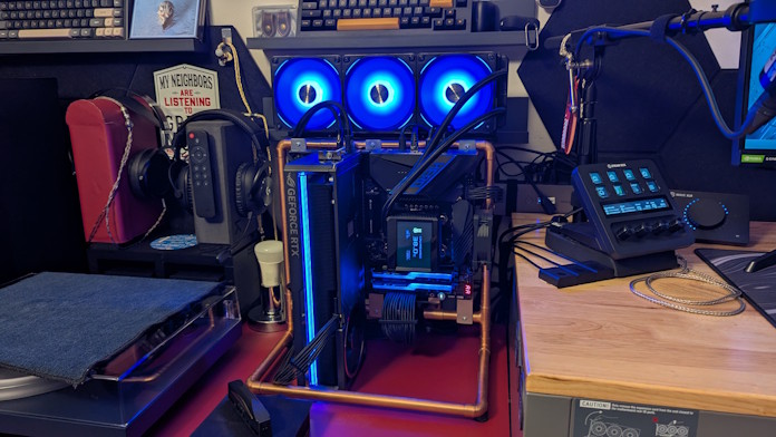 An open air PC build in a garage
