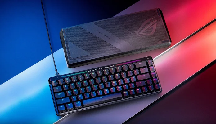 The ROG Falchion Ace HFX gaming keyboard on a table with its cover