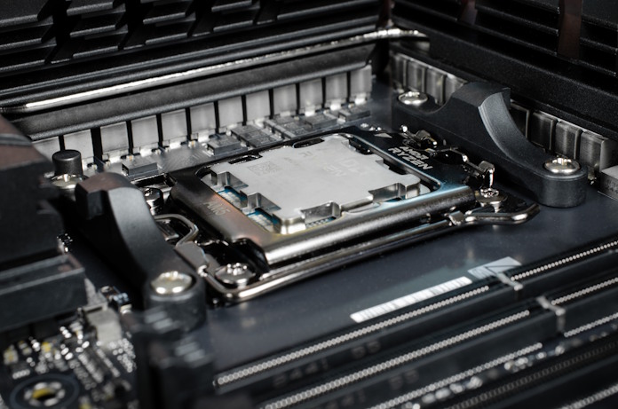 An AMD Ryzen CPU installed into the AM5 socket on the ROG Crosshair X870E Apex motherboard
