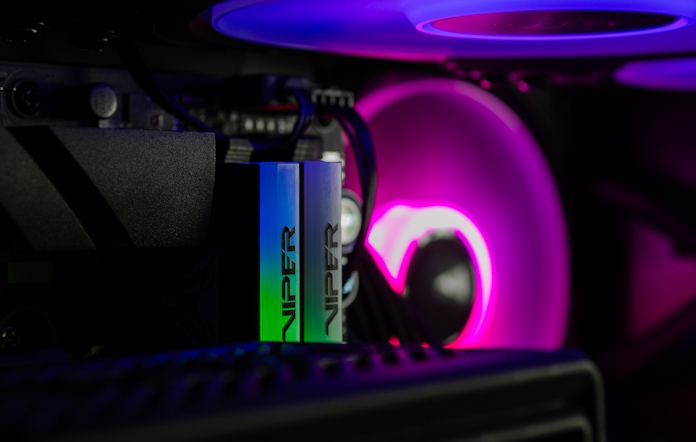 a VIPER memory kit viewed from over the top of an AIO CPU liquid cooler