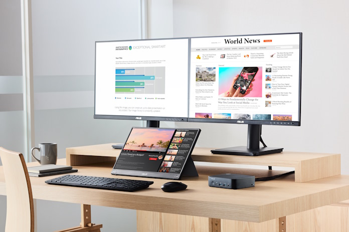 A multimonitor PC setup featuring a monitor and mini PC bundle