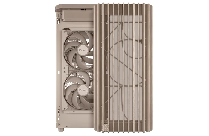 The front grille design of the ProArt PA401 Wood Edition Beige Edition PC case