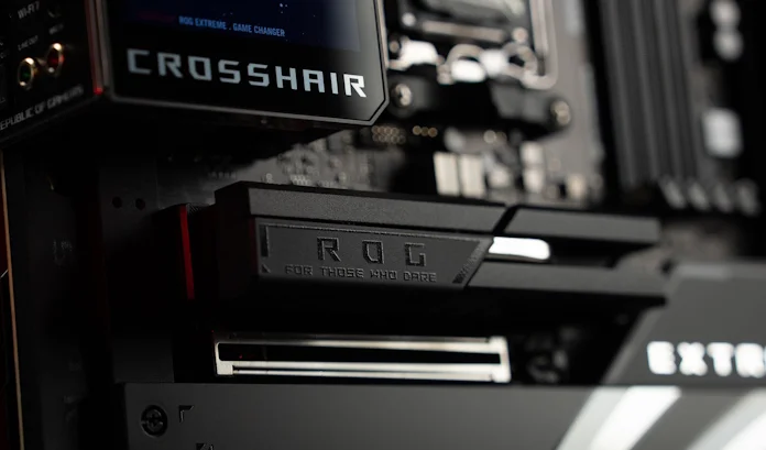 A closeup view of the M.2 heatsink on the primary M.2 slot of the ROG Crosshair X870E Extreme motherboard