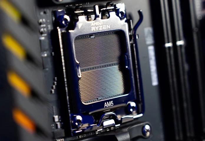 A closeup view of the AM5 CPU socket on the ROG Crosshair X870E Apex motherboard