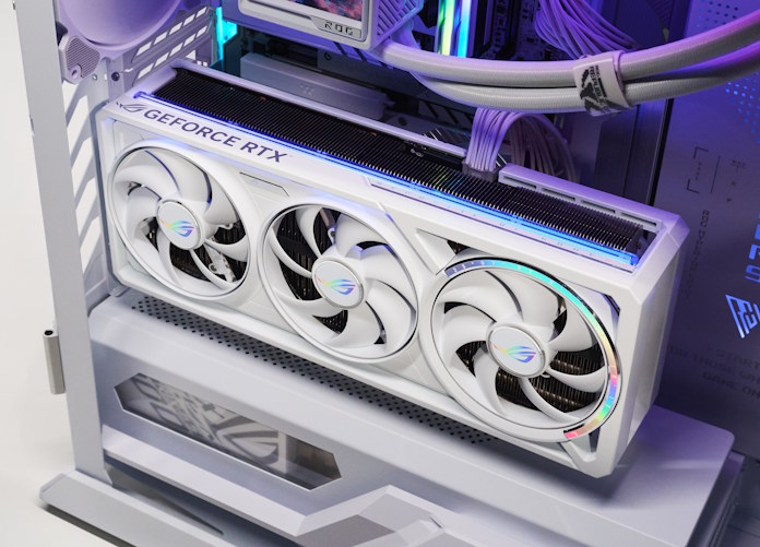 A completed build, with the shot focusing on the ROG Astral, one of the components in this NVIDIA graphics card buying guide